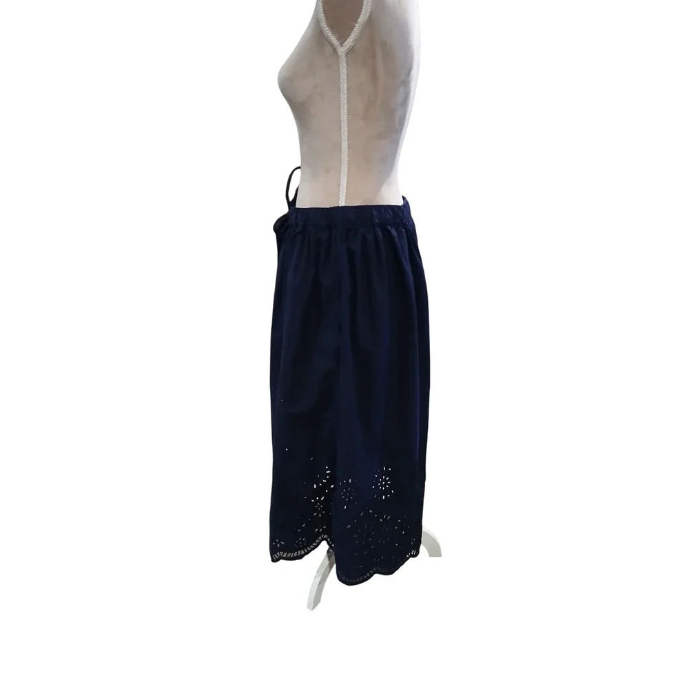Free Assembly Navy Blue Eyelet Midi Skirt Button Front Scallop Hem Womens Size M